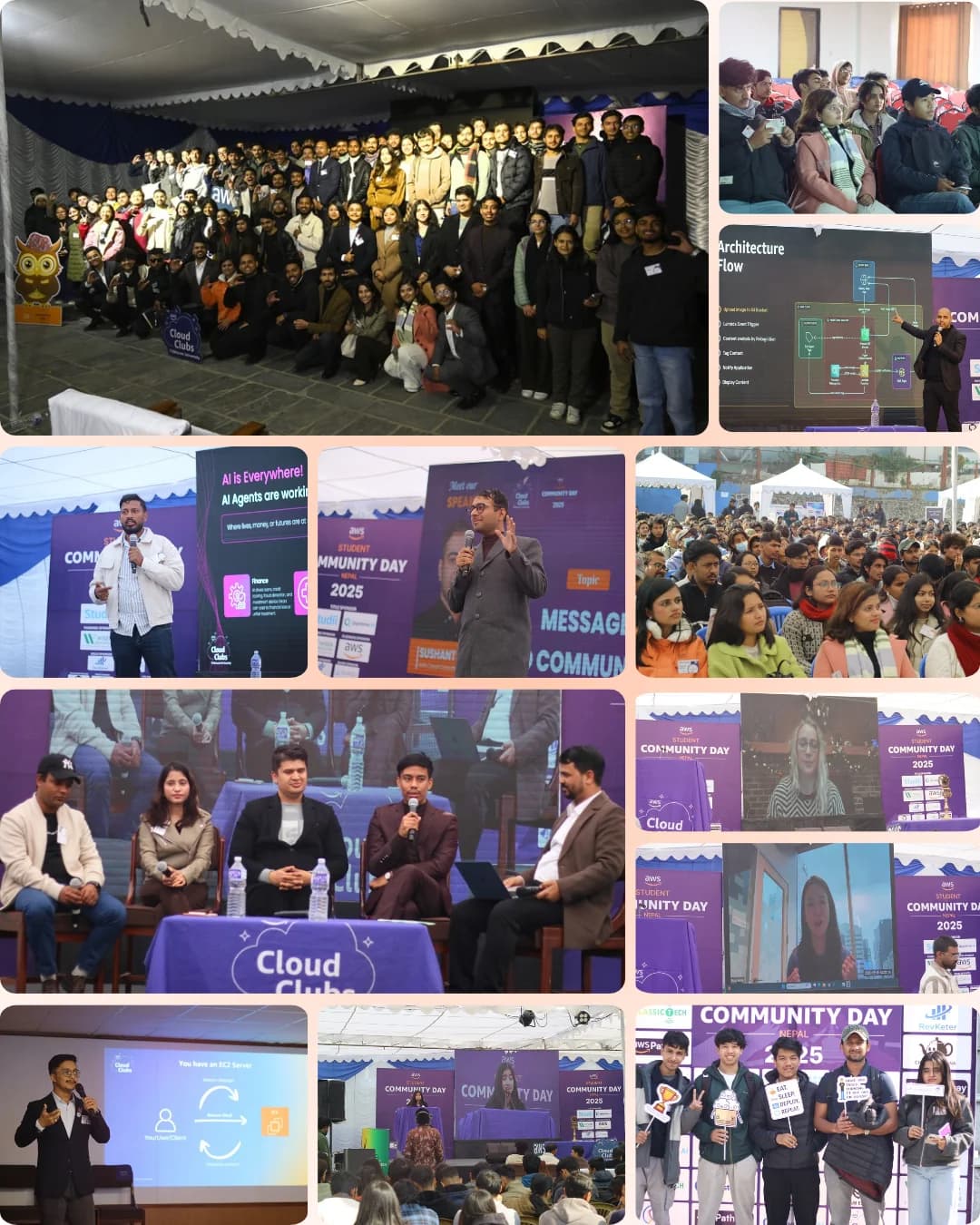 Collage of photos from AWS community events in Nepal: speakers on stage, panel talks and a large group of students